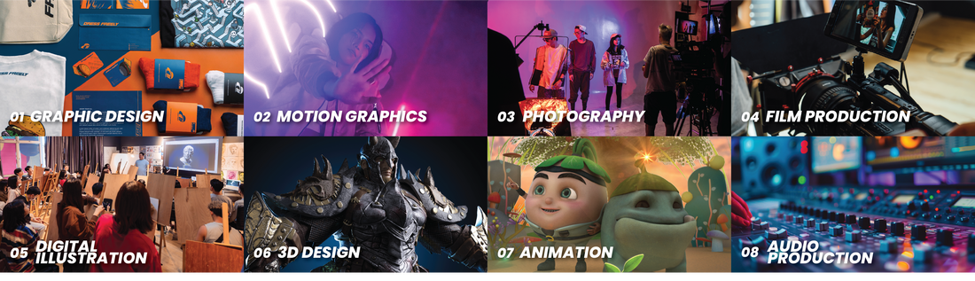 Eight disciplines: Graphic Design, Motion Graphics, Photography, Film Production, Digital Illustration, 3D Design, Animation and Audio Production