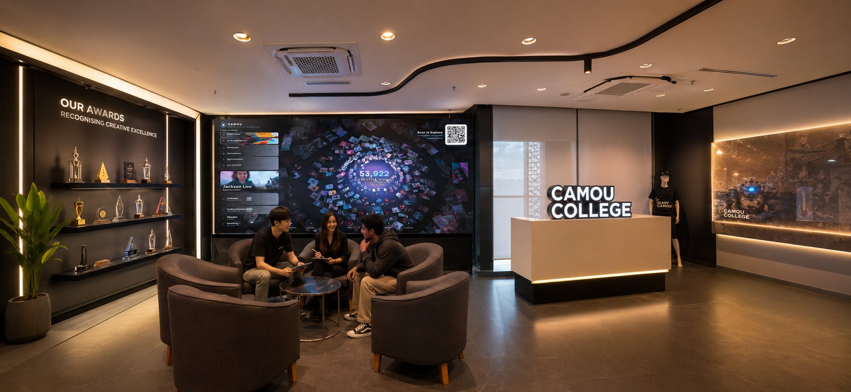 Camou College lobby, awards wall and student-work display